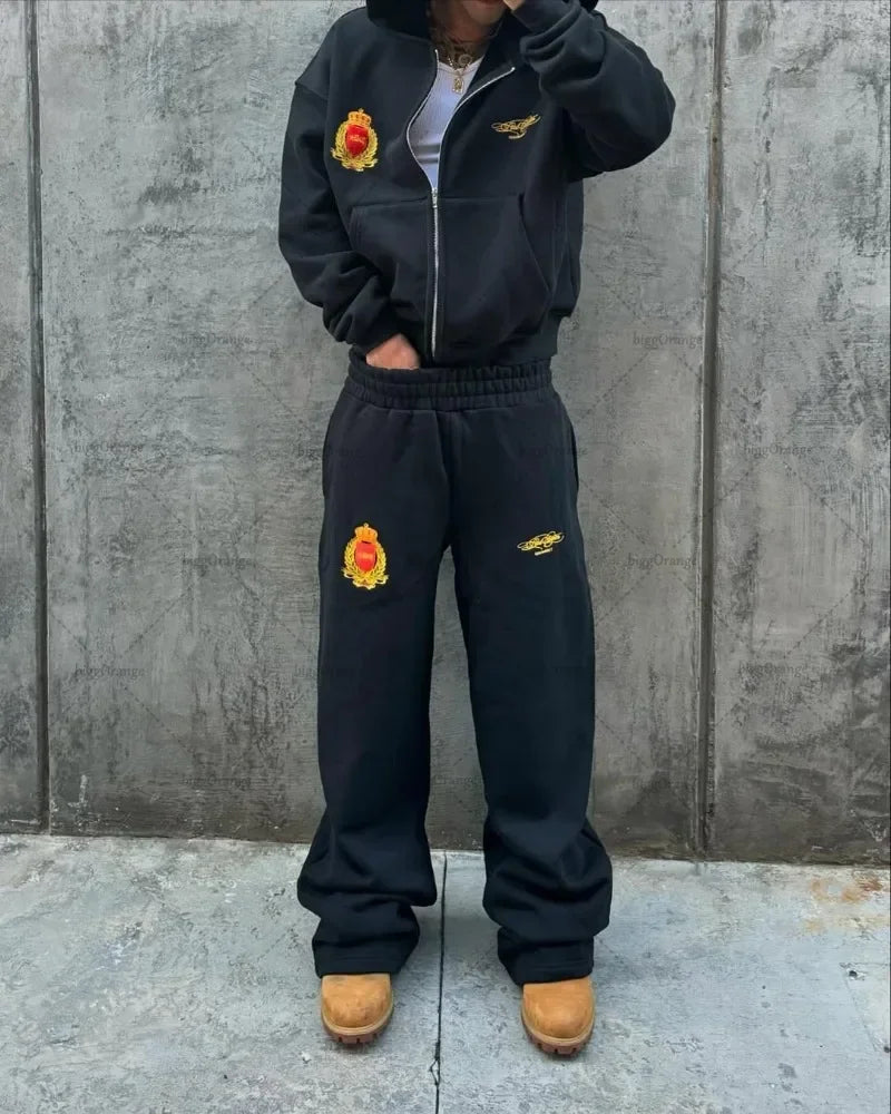 Hoodie Men American Hip Hop Casual Sweatshirt Harajuku Retro Fashion Street Clothing Pants Classic Letter Print Zipper Set