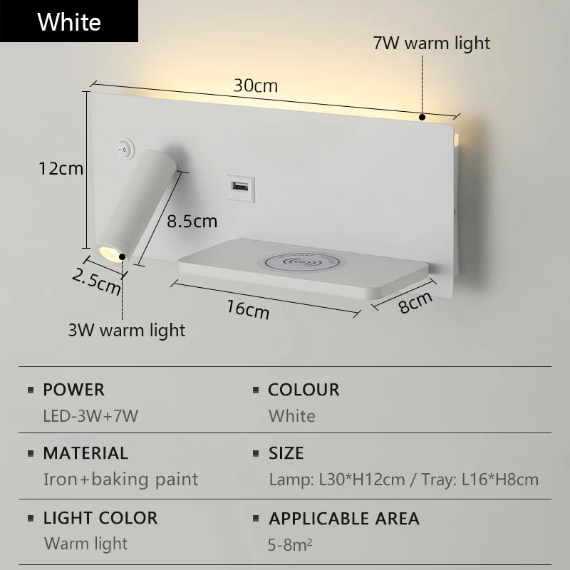 Multi Functional Wall lamp with Mobile phone Wireless charger switch USB interface Bedroom Night light LED Reading wall light