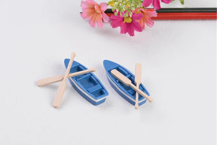 Blue Resin Boat Wood Paddles Oars Figures Decorative Figurine Diy Home Decor Mini Fairy Garden Aquarium Fish Tank Statue Craft