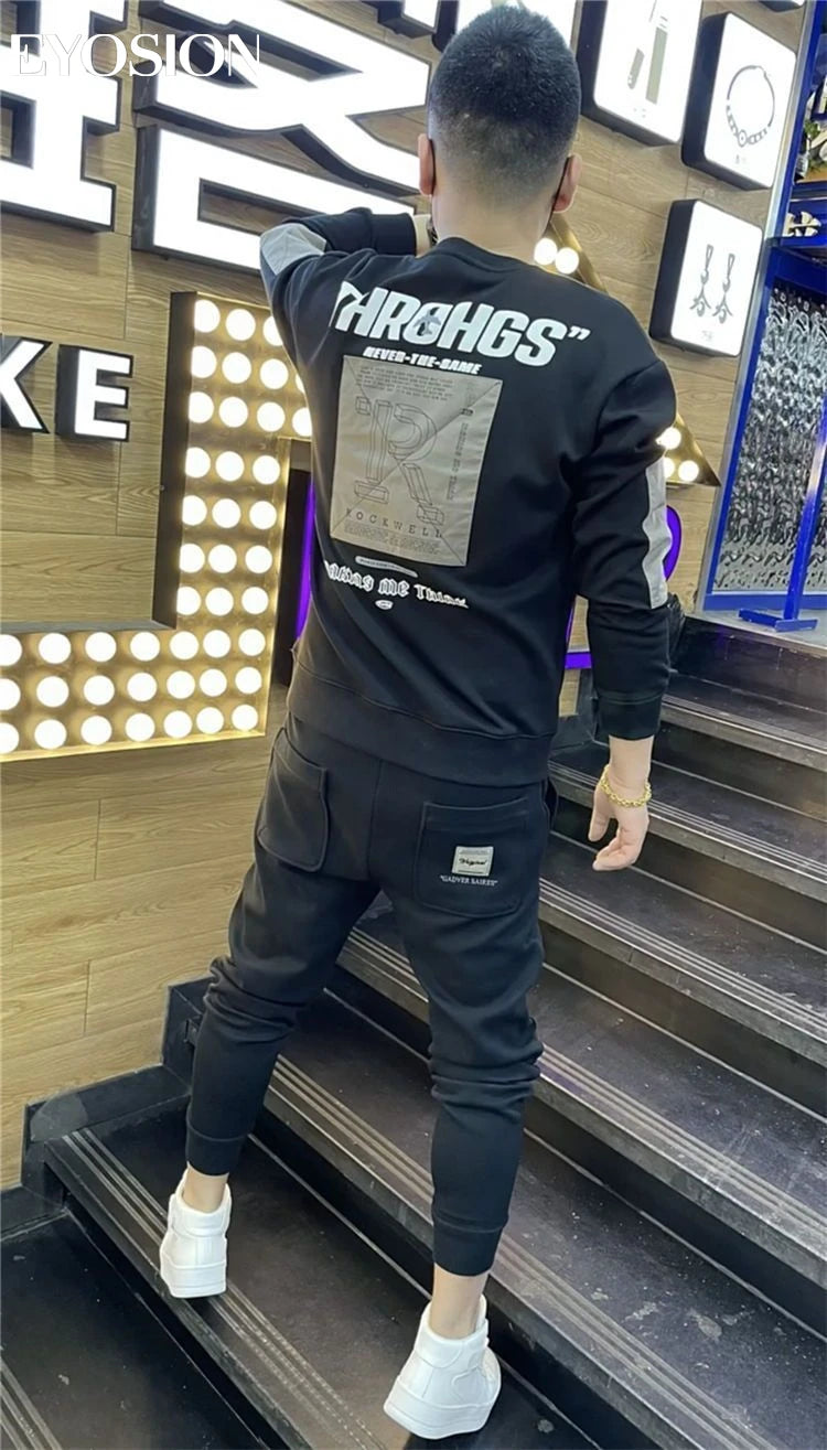 Autumn Youth Men's Sweatshirt Pullovers Letter Print Round Neck Slim Fit Thicken Hoody Long Sleeve Casual Sweatshirt Male Tops