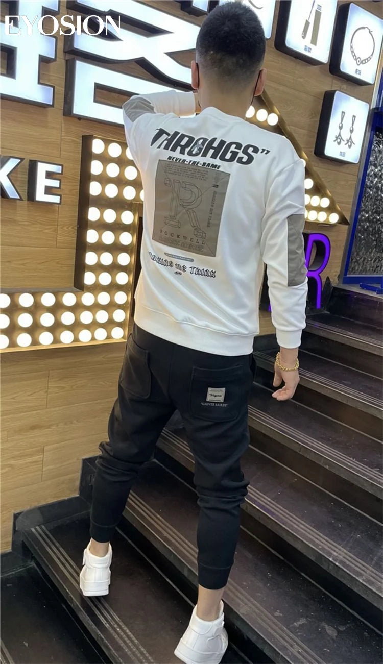 Autumn Youth Men's Sweatshirt Pullovers Letter Print Round Neck Slim Fit Thicken Hoody Long Sleeve Casual Sweatshirt Male Tops