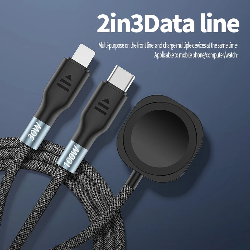 Portable 3 in 2 USB+Type C Magnetic Watch Wireless Charger Charging Date Cable For iPhone 16 Pro Max iWatch 8 Ultra 7 6 SE 5 4