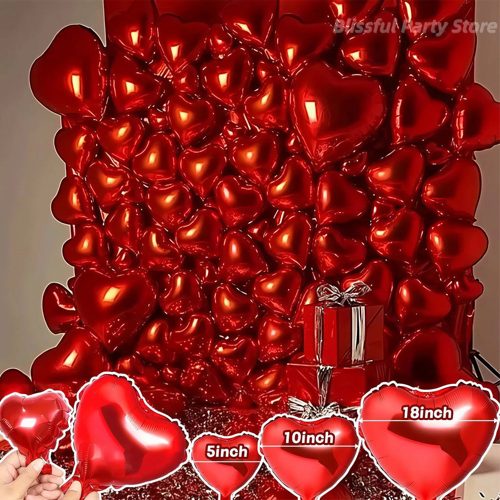 50pcs 5/10/18inch Foil Red Heart Balloons Valentine's Day Romantic Atmosphere Scene Decor Birthday Anniversary Background Globos