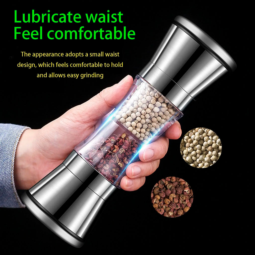2-in-1 Adjustable Pepper Salt Grinder - Rustproof Stainless Steel Manual Mill with Double Heads & Coarseness Control