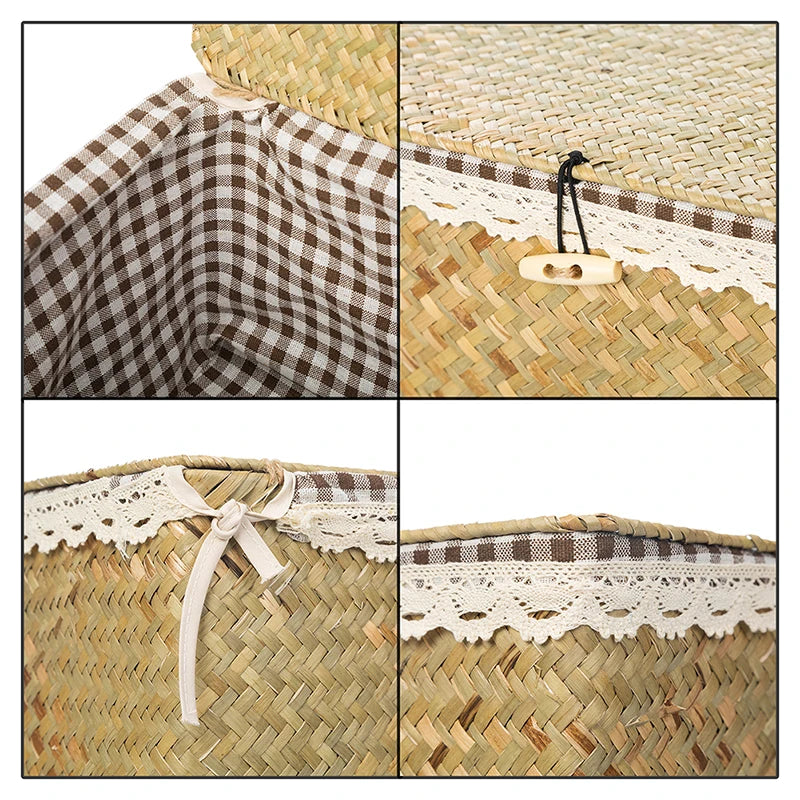 Wicker Basket with Lids Nautral Seagrass Storage Box Basket Woven Rectangular Bins Container Rattan Storage Kitchen Organizer