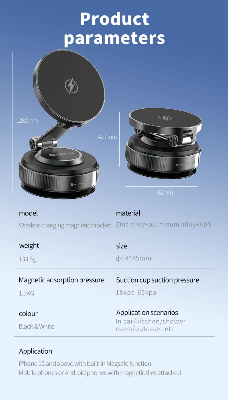 Magnetic Wireless Charger Holder Vacuum Phone Stand for Magsafe iPhone 16-12 Pro Max 360° Adjustable Suction Cup Car Dashboard