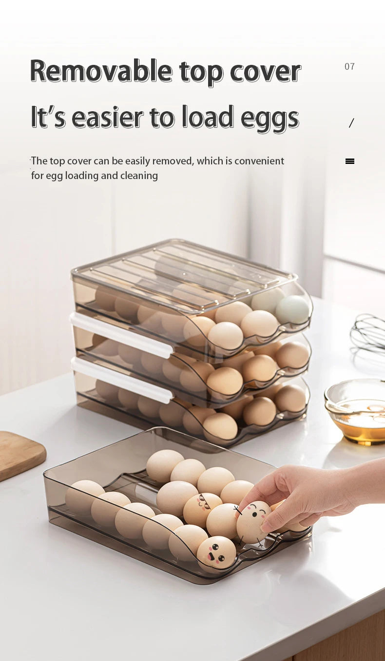 Automatic Slide Egg Storage Box Transparent Drawer, Stackable Rolling Eggs Rack Egg Tray Holder Basket, Kitchen Fridge Organize