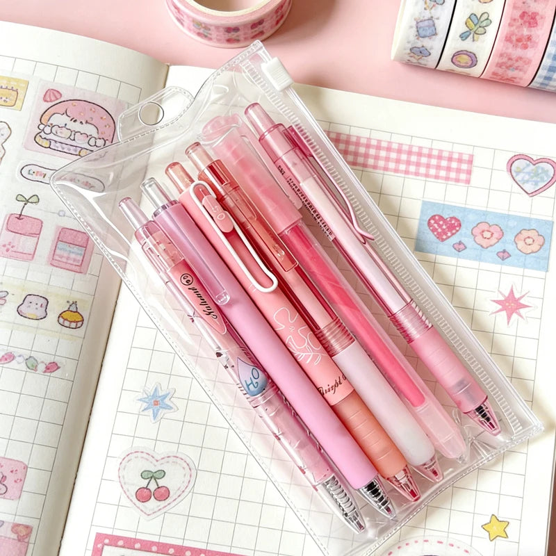 Cute Pink Retractable Gel Pens Highlighter Set 0.5mm Black