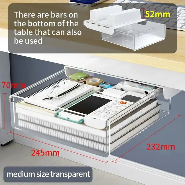 Transparent Under Desk Drawer Self Stick Hidden Storage Tray Quiet Pull Out Desk Organizer Accessory