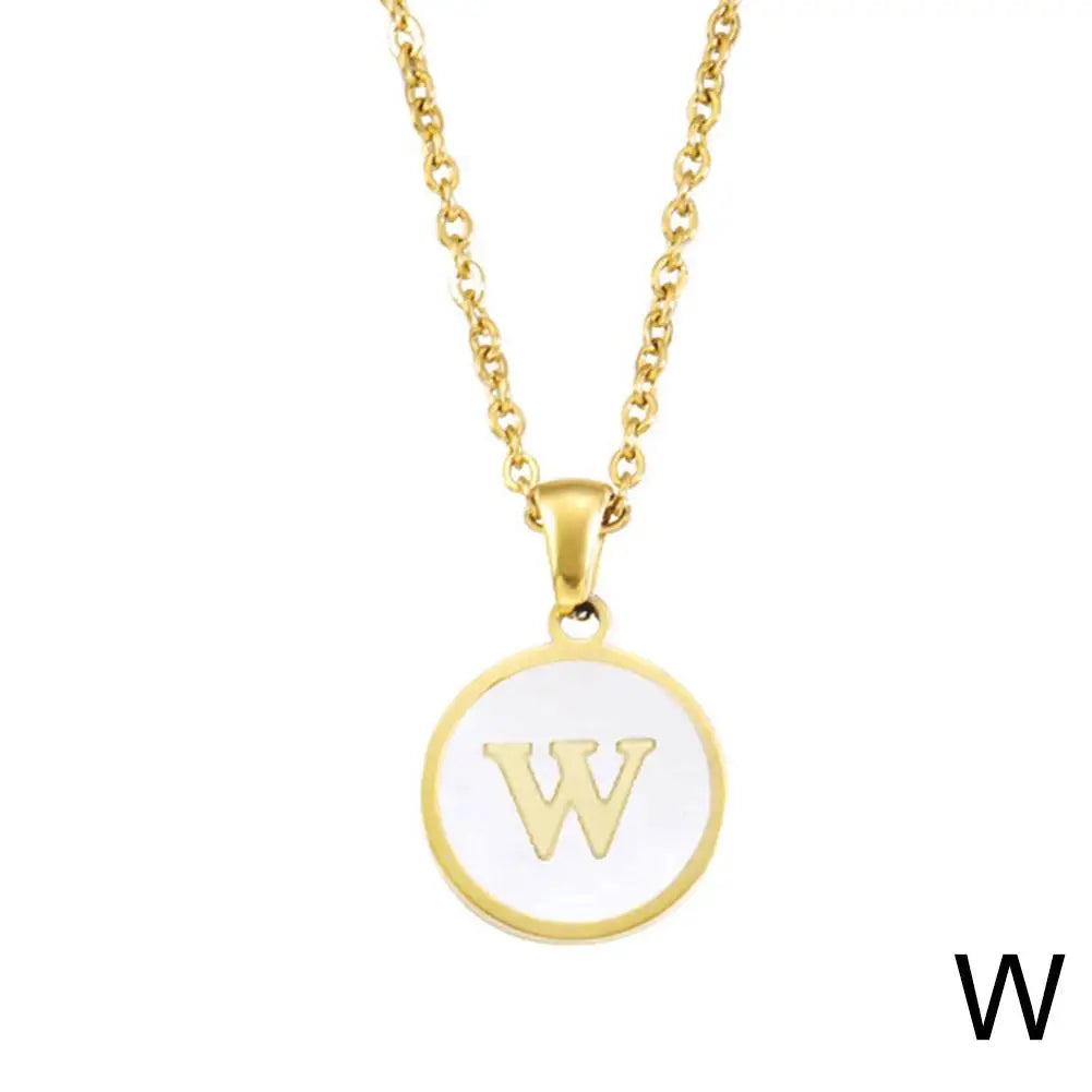 Vintage Initial 26 Letters A To Z White Shell Pendant Necklace Gold Color Steel For Women Men Choker Jewelry Necklace
