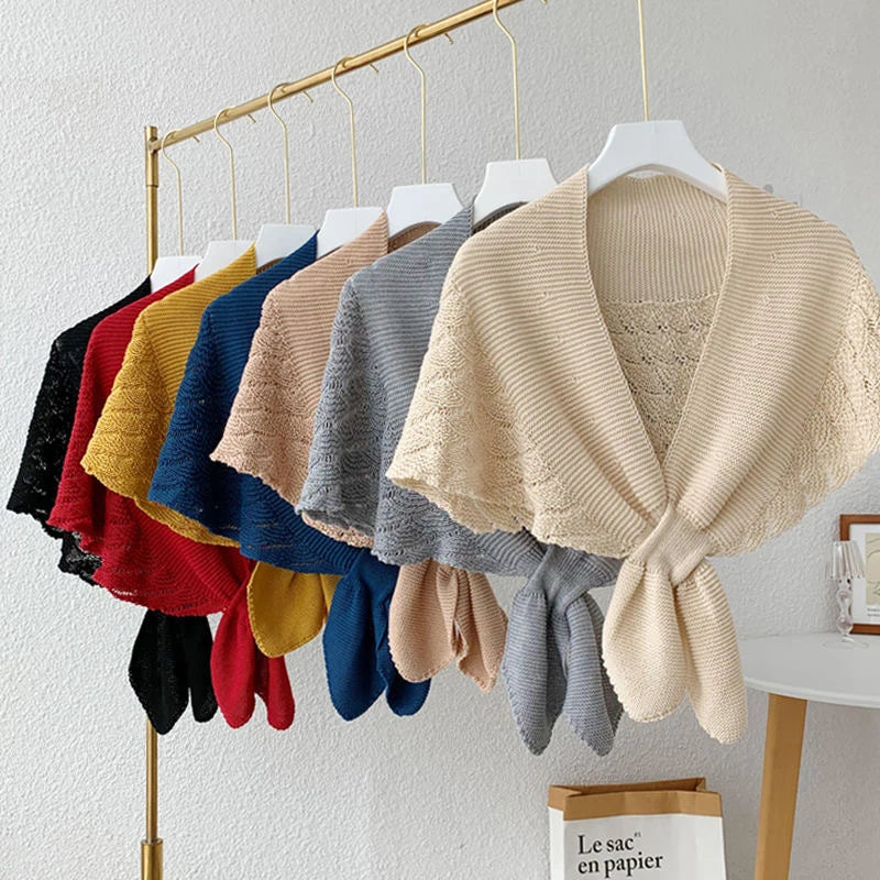 Winter Warmer Solid Color Blouse Cover Shoulder Korean Cape Fake Collars Knotted Scarf Thick Muffler Women Knitted Shawl Scarf