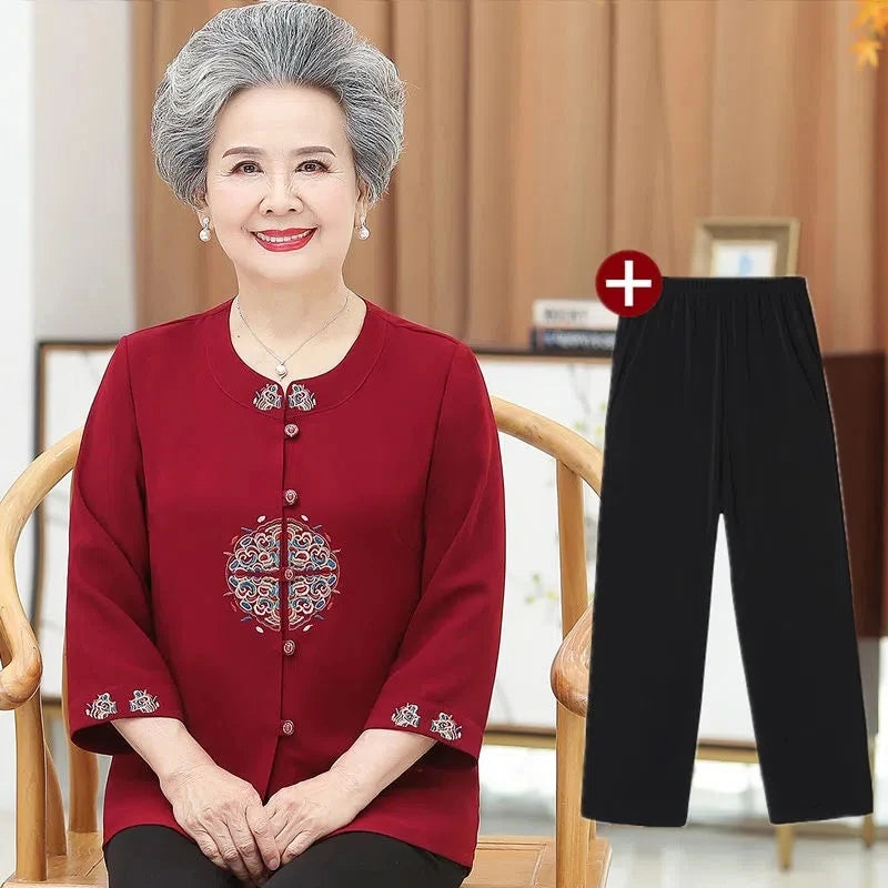 Elderly People Shirts New Spring Summer Three Quarter Sleeve Grandma Blouse Middle Age Women Cardigan Shirt Embroidery Blusa 5XL