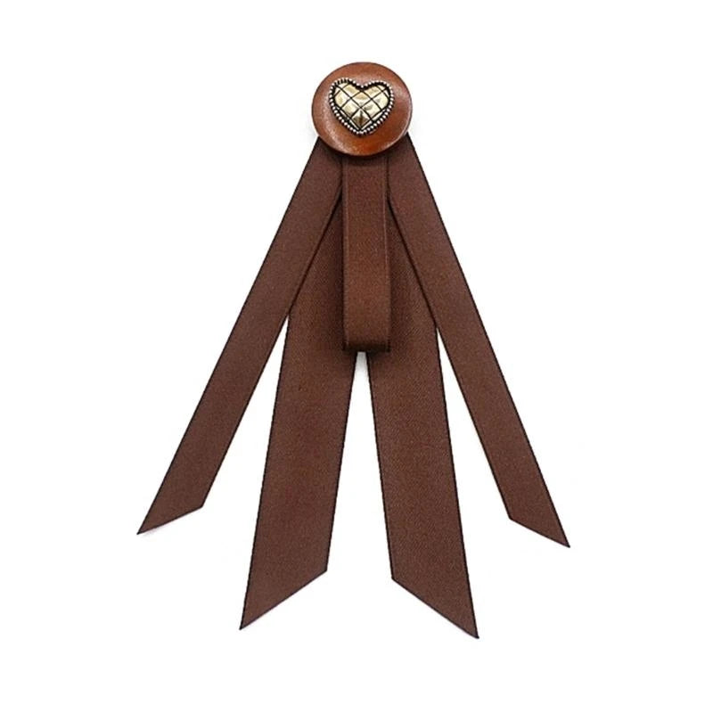 Ribbon Bowtie Brooch Pin Student Uniform Pre Tied Necktie Clip Vintage Brown Plaids Bowknot Corsage Shirt Jabot Collar