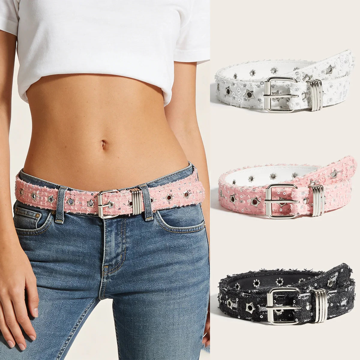 Fashion Luxury Belt Black Punk Accessories Pink Denim Girdle