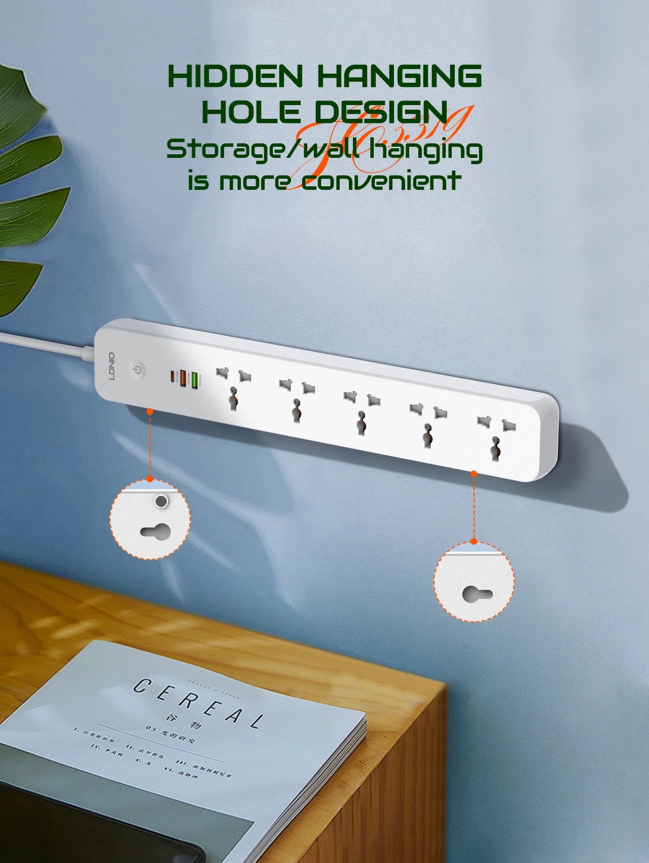 LDNIO 2500W Power Strip with 5 AC Outlets & 3 USB Charging Ports 2M Extension Cable Kitchen Household  EU UK US Plug