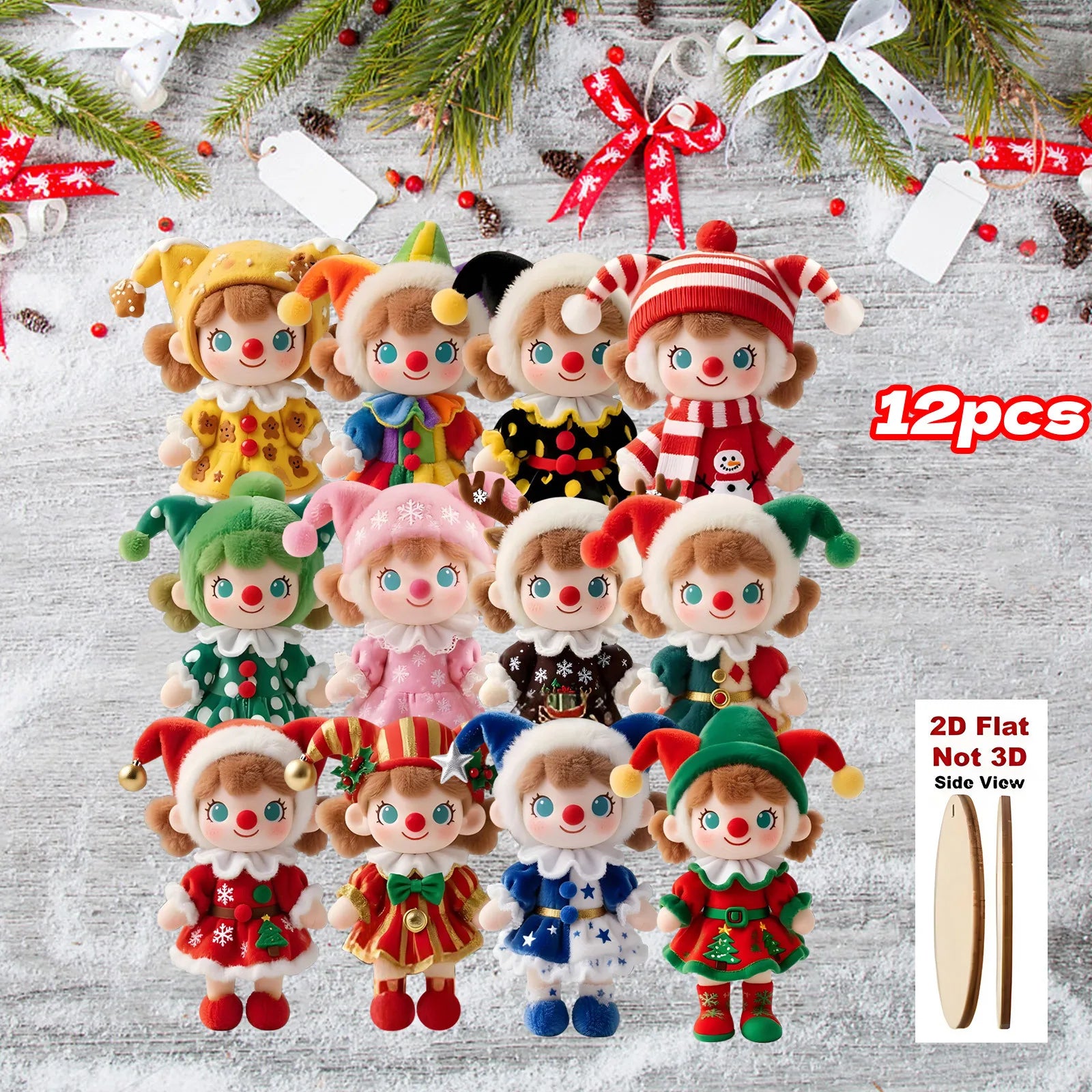 12pcs Colorful Christmas Plush Doll Decorations -2D Printed Wooden Pendants Courtyard and Christmas Birthday Party Decorations