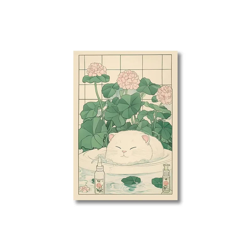 Cat in the Bathtub Japanese Vintage Classic Tiger Cat Wall Art Japanese Bathroom Toilet Poster Home Living Room Bedroom Decor