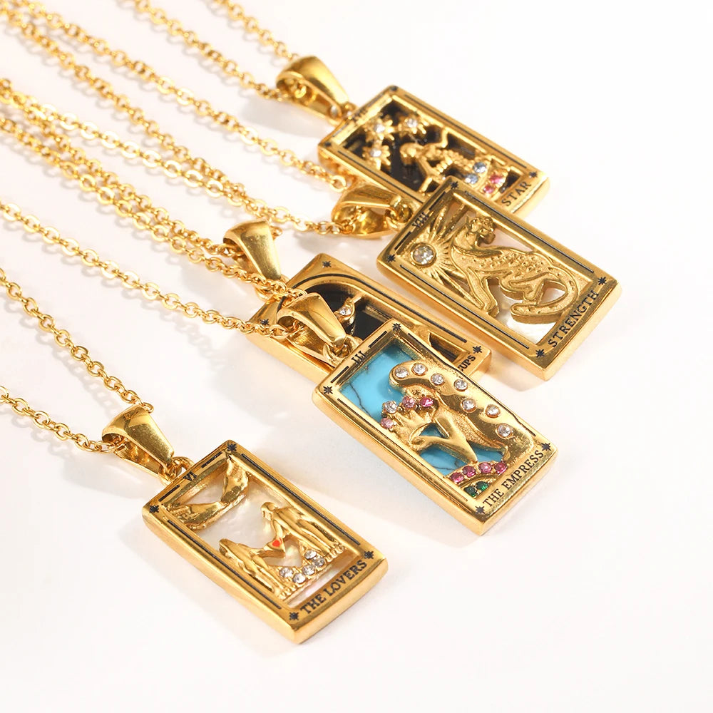 Tarot Charm Necklace, 18K Gold Plated Steel