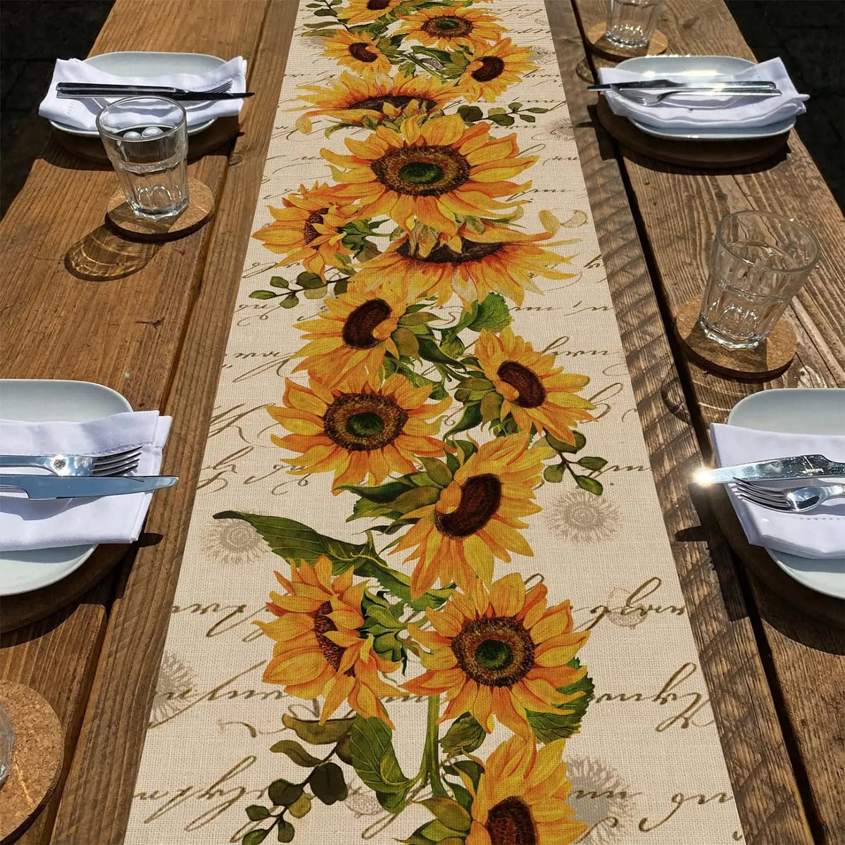 Spring Sunflowers Linen Table Runner Vintage Summer Floral Home Kitchen Dining Decor Seasonal Indoor Outdoor Holiday Party Decor