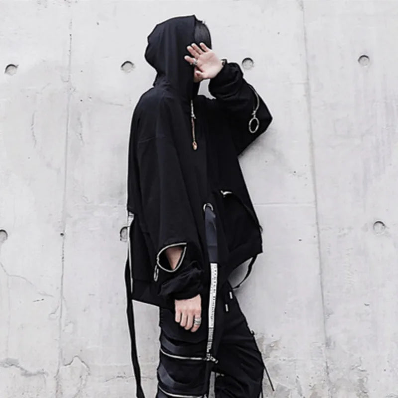 HKSH Spring Autumn New Outfit China-Chic Dark Ribbon Zipper Men Tide Dark Hooded Sweatshirt Original Punk Ins Cargo Pants HK0531