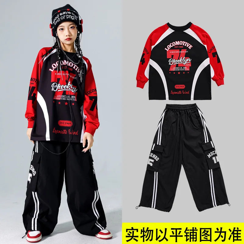 Boys Hip Hop Cool Sweatshirt Vest Cargo Pants Girls Fashion Jazz Street Dance Costume Children Clothes Set Kids K-pop Streetwear