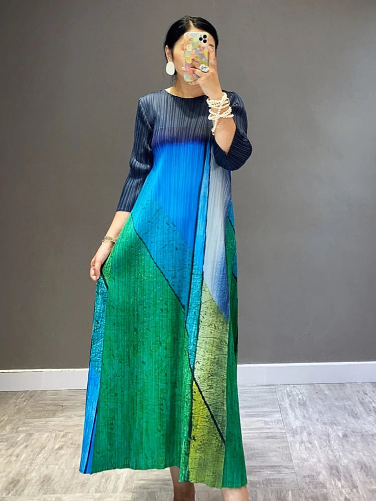 Miyake Pleats New High Fashion French Vintage Women Green Causal Long Dress Original Designer Clothing In Stock