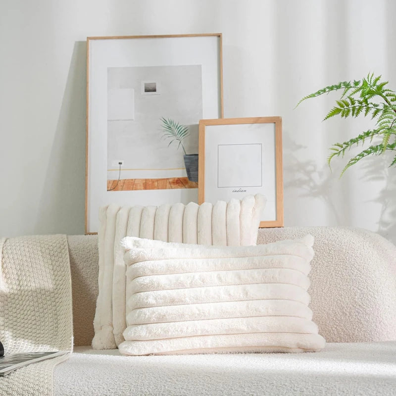 Artificial Rabbit Fur Square Cushion Cover Simple Stripe Super Soft Pillowcase 45x45 Cm Sofa Decorative Cushion Cover
