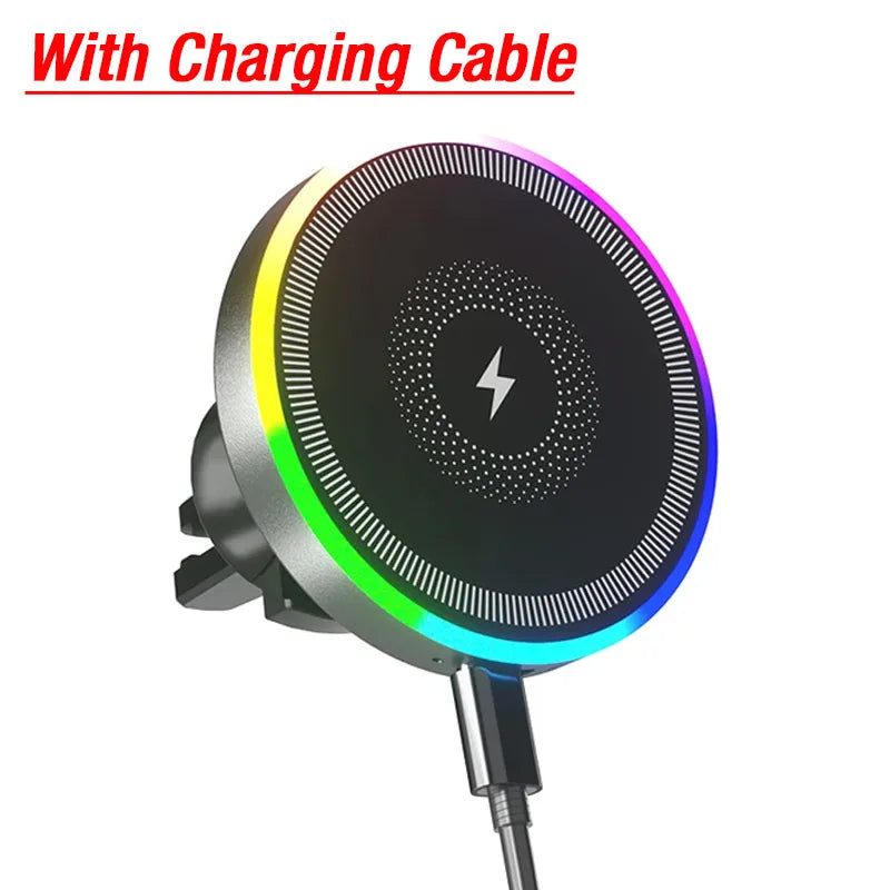 RGB Light Car Magnetic Wireless Charger Phone Holder Air Vent Stand For Magsafe iPhone 16 15 14 13 12 Pro Max Fast Charging Dock