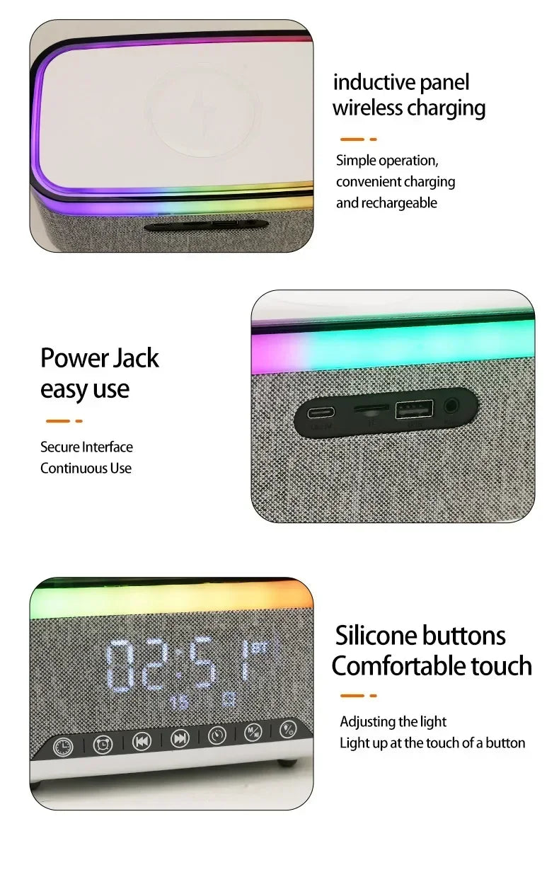 New Smart 6-in-1 Bluetooth Speaker 60W Wireless Charger Bedhead Night Light Alarm Clock LED Clock with FM Radio Music Cente