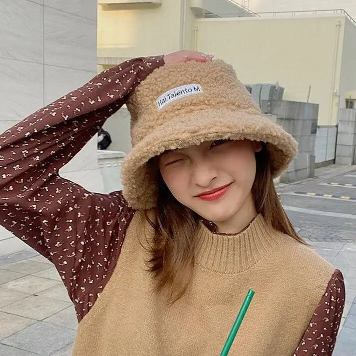 Korean Fisherman Hat Pure Color Warm Embroidered Letter Beanie Plush Light Weight Cap Unisex Casual Bucket Hat