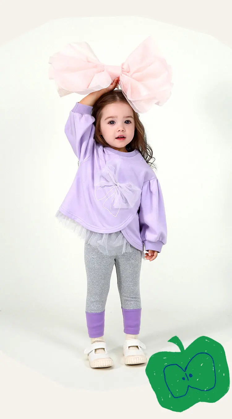 Amila Baby Set 2025 Spring New Solid Color Bow Solid Loose Sweatshirt Leggings Casual Soft Children's Two-Piece Set