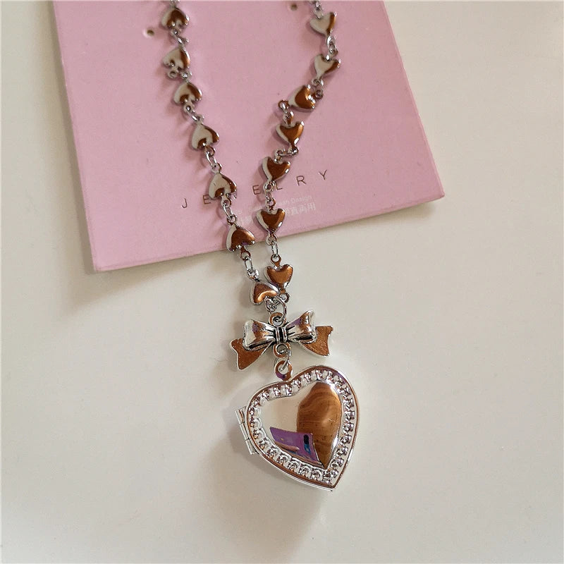 Goth Y2K Aesthetic Heart Locket Pendant Open Female Silver Color
