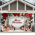 1 festive Christmas party banner with snowy landscape, decorative bow and wrapped gifts for home and room wall decoration