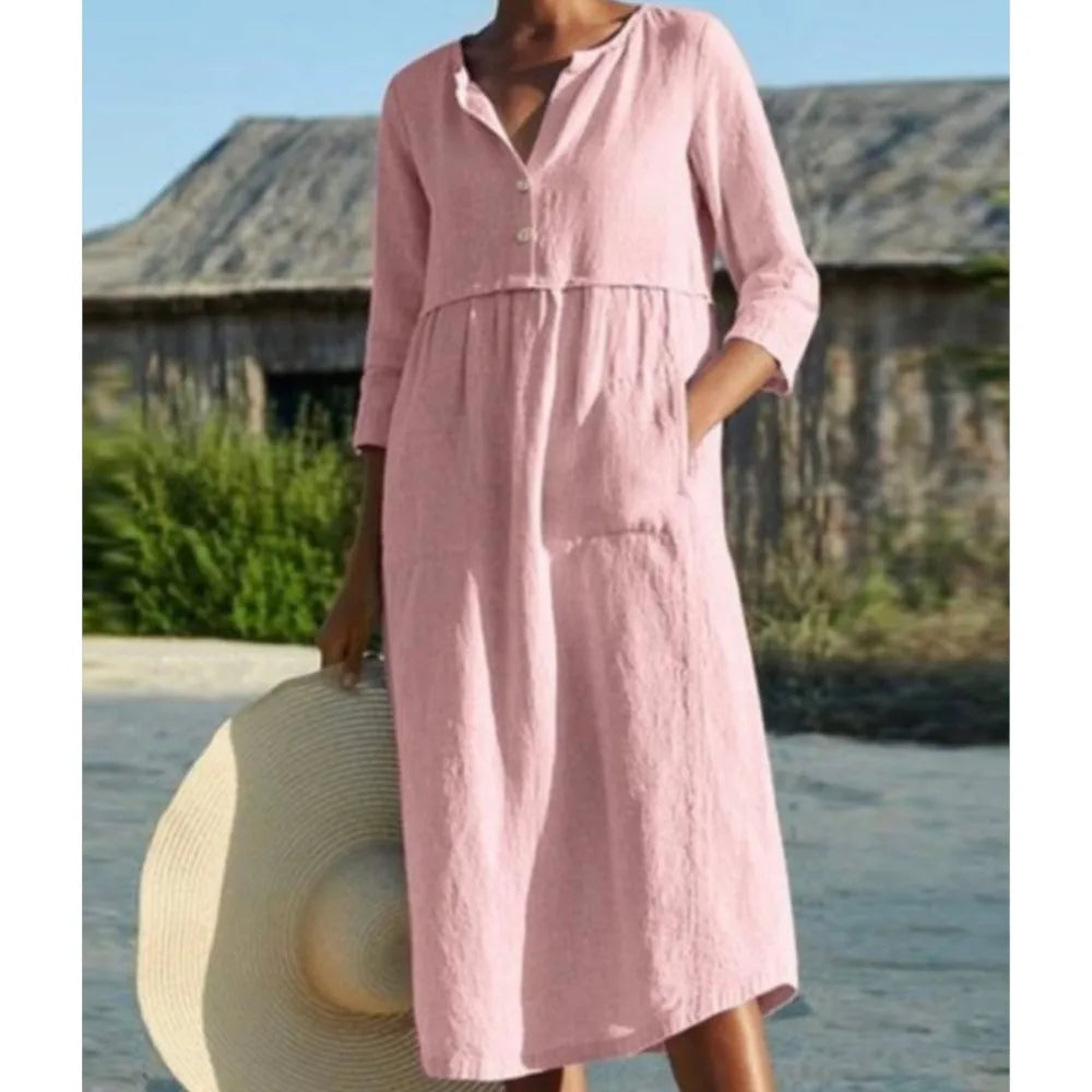 Cotton Linen Dress For Spring Summer Women's New Casual Cotton Round Neck Button Pocket Mid Sleeve Solid Color Dress