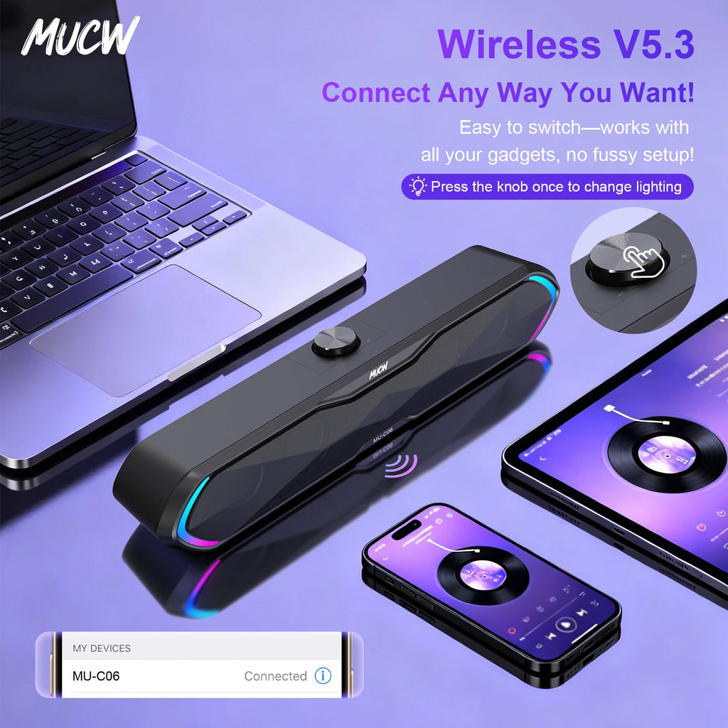 MUCW MU‑C06 PC Soundbar RGB Gaming Computer Speaker USB Plug Play