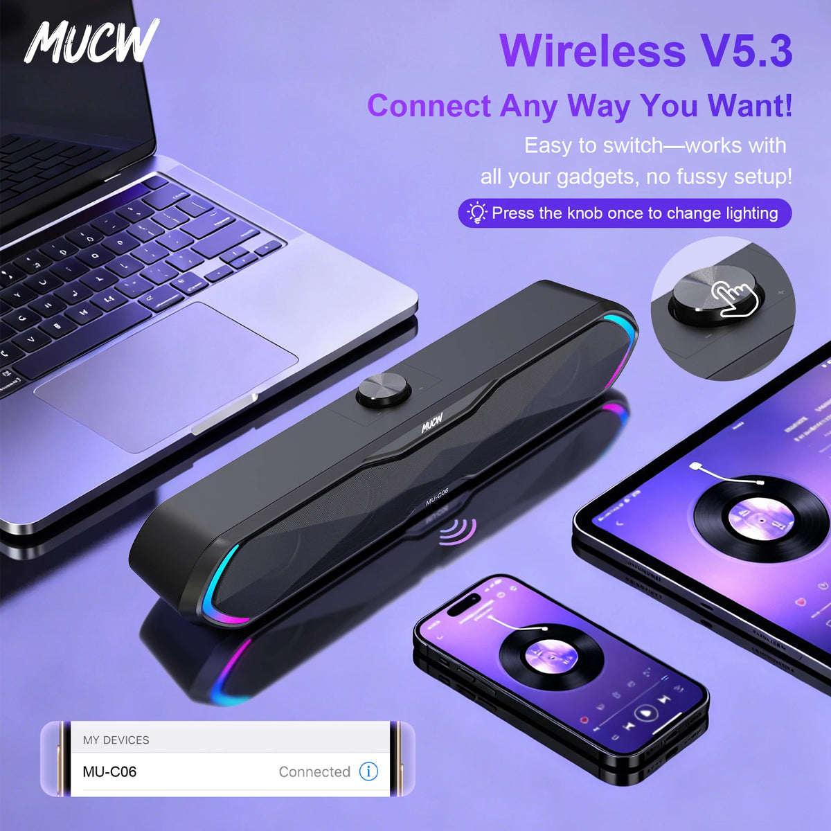 MUCW MU‑C06 PC Soundbar RGB Gaming Computer Speaker USB Plug Play