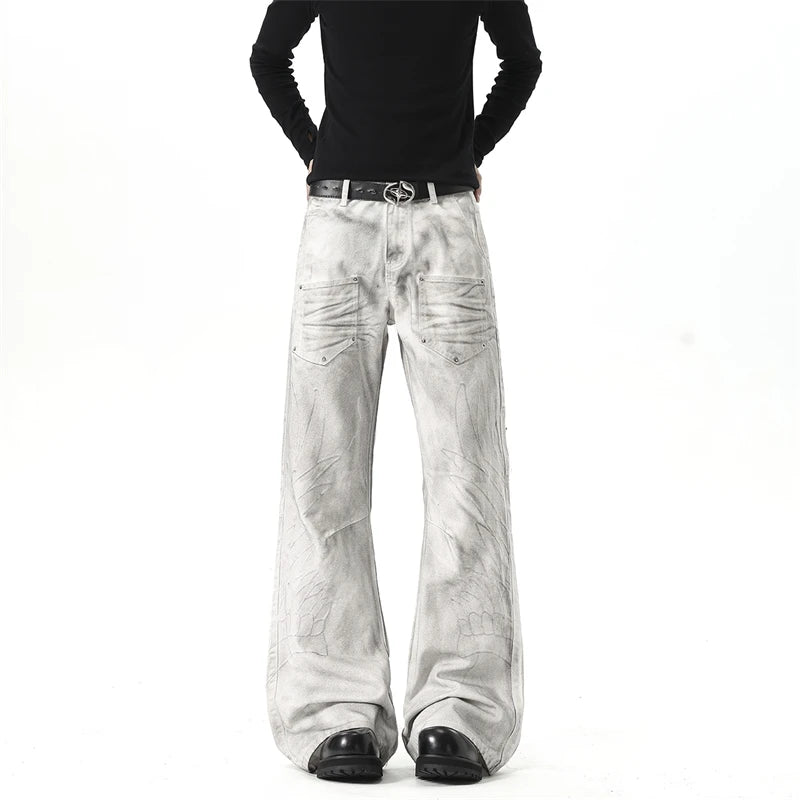 IEFB Men White‑Grey Washed Flare Jeans Embossed Pattern Rivet