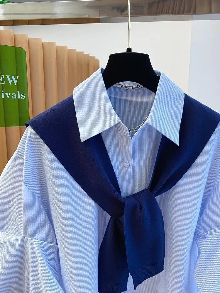 Knitted Shawl With Blue Striped Shirt For Women's Two-piece Top 2025 New Loose Layered Autumn blouse