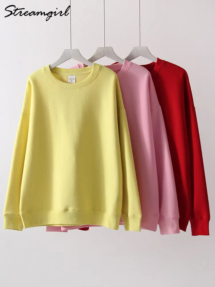 White Oversized Crewneck Sweatshirts Women Autumn Comfort Colors Pink Mom Sweatshirt Yellow Cotton Fall Sweatshirt For Women