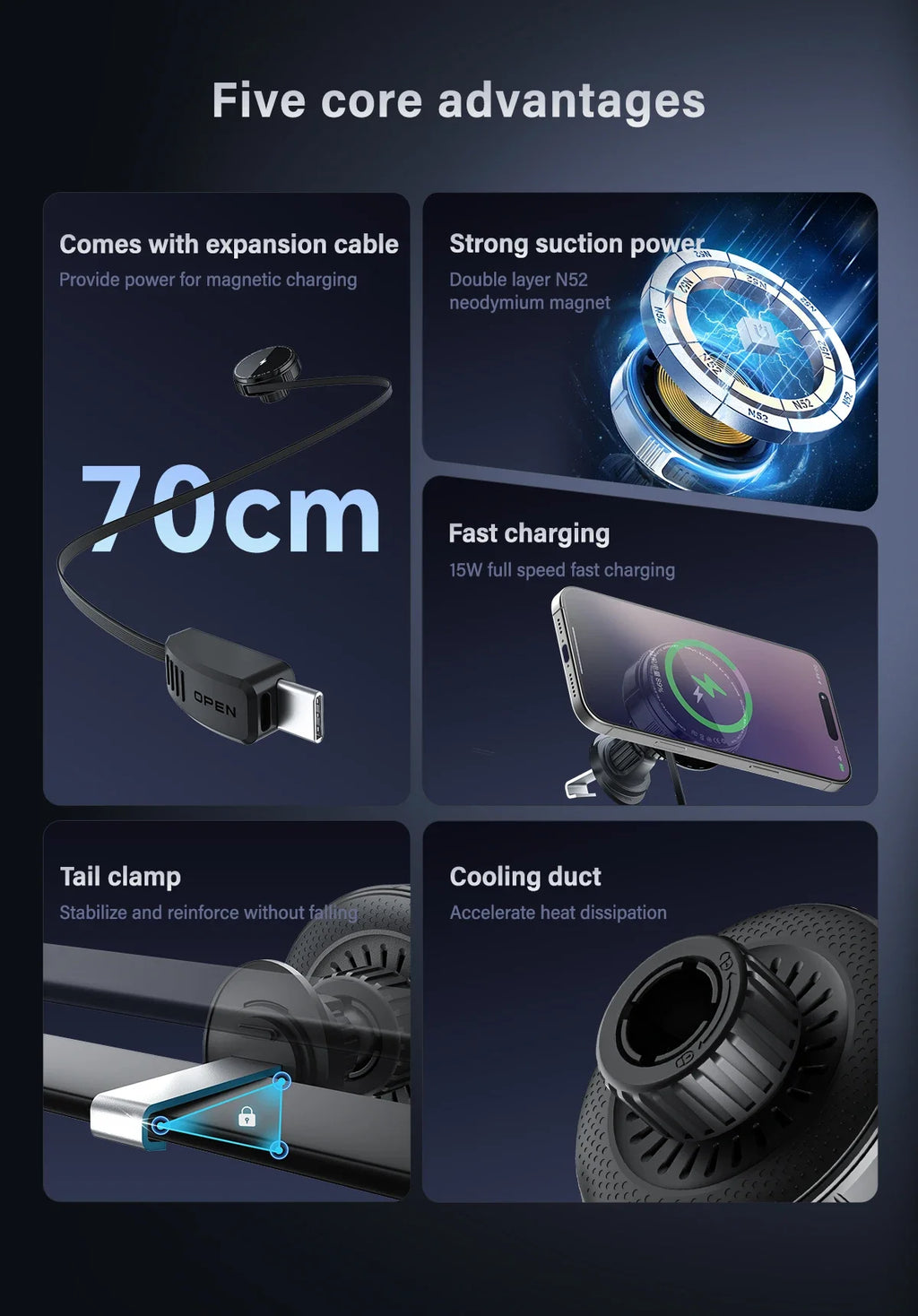 N52 Magnetic Car Wireless Charger Retractable USB C Cable Phone Cooling Holder For Magsafe iPhone 16 15 14 Pro Max Fast Charging