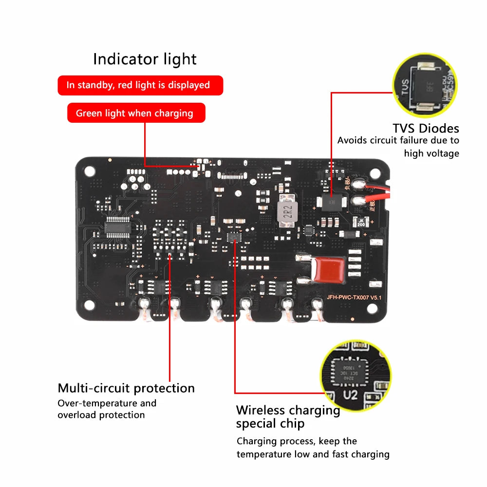20W Type-C Car 3 Coils For Qi Wireless Charger Module Fast Charging Transmitter Anti-reverse Short Circuit Protection Board