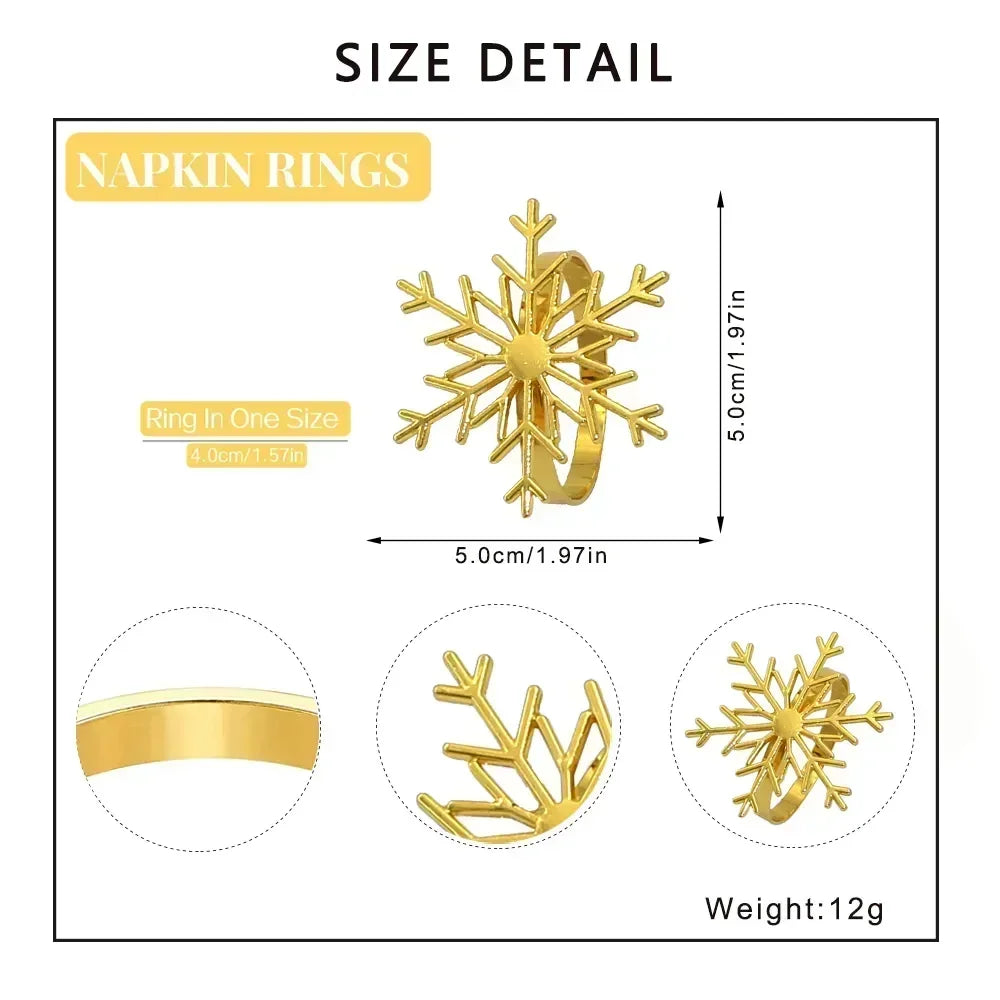 6Pc Silver/Gold Snowflake Napkin Rings Dinner Napkin Rings Holder for Christmas Holiday New Year Wedding Party Table Decoration