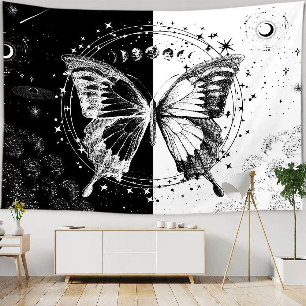 Butterflies and Moths Tapestry Black and White Flower Tapestry Wall Hanging Beach Blanket Romantic Bedroom Dorm Home Decor