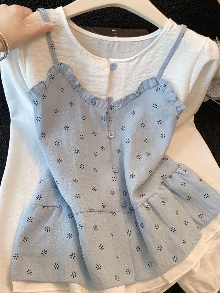 Fashion Sweet Patchwork Shirt Women Spring Lantern Sleeve Floral Chic Blouse Korean Cute O Neck Female Fake Two Ins Casual Tops