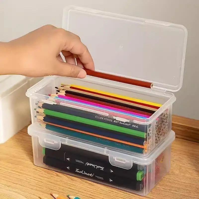 Black Desk Organizer Transparent Plastic Storage Box With Lid For Pens Pencils Markers School Supplies & Office Organization