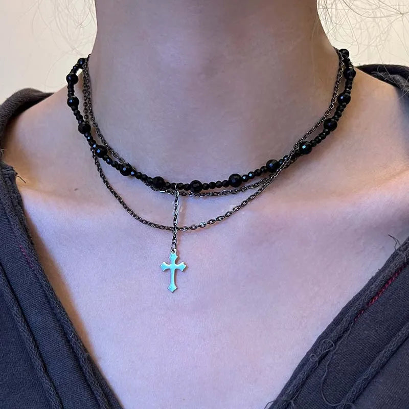 Gothic Punk Y2K Black Crystal Cross Pendant Necklace for Women