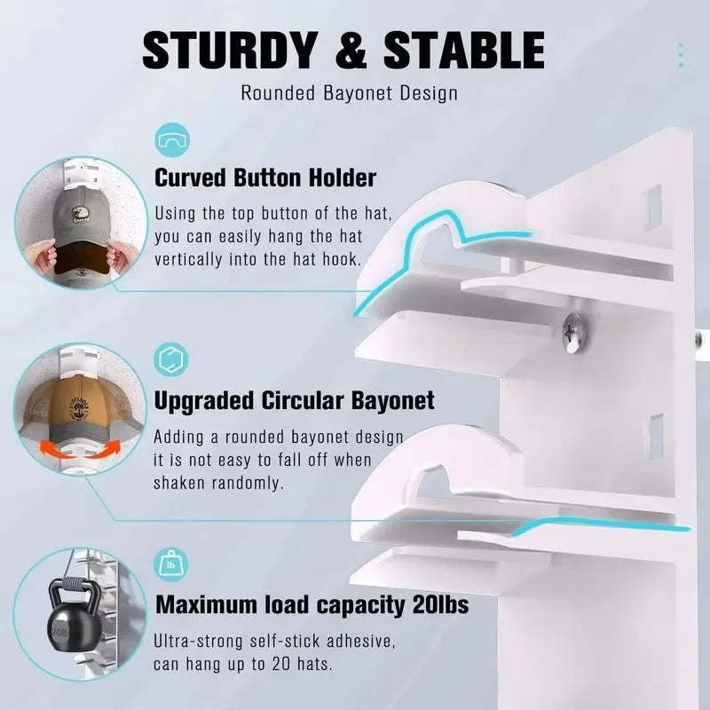 Hat Rack for Wall Stick-on Baseball Cap Storage Holder Display Hanger Hat Storage Organization Wall Mount for Bedroom Closet