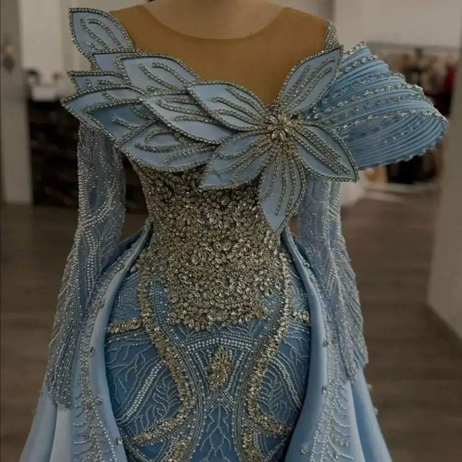 Blue Two Designs Wedding Party Dresses Luxury 2025 Prom Dresses With Satin Overskirt Plus Size Customized For Women Gala Gowns