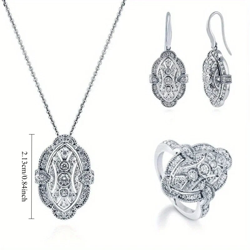 Women's Fashion Art Deco Cubic Zirconia Jewelry CZ Necklace Earrings Ring Bridal Engagement Wedding Jewelry Set Gift