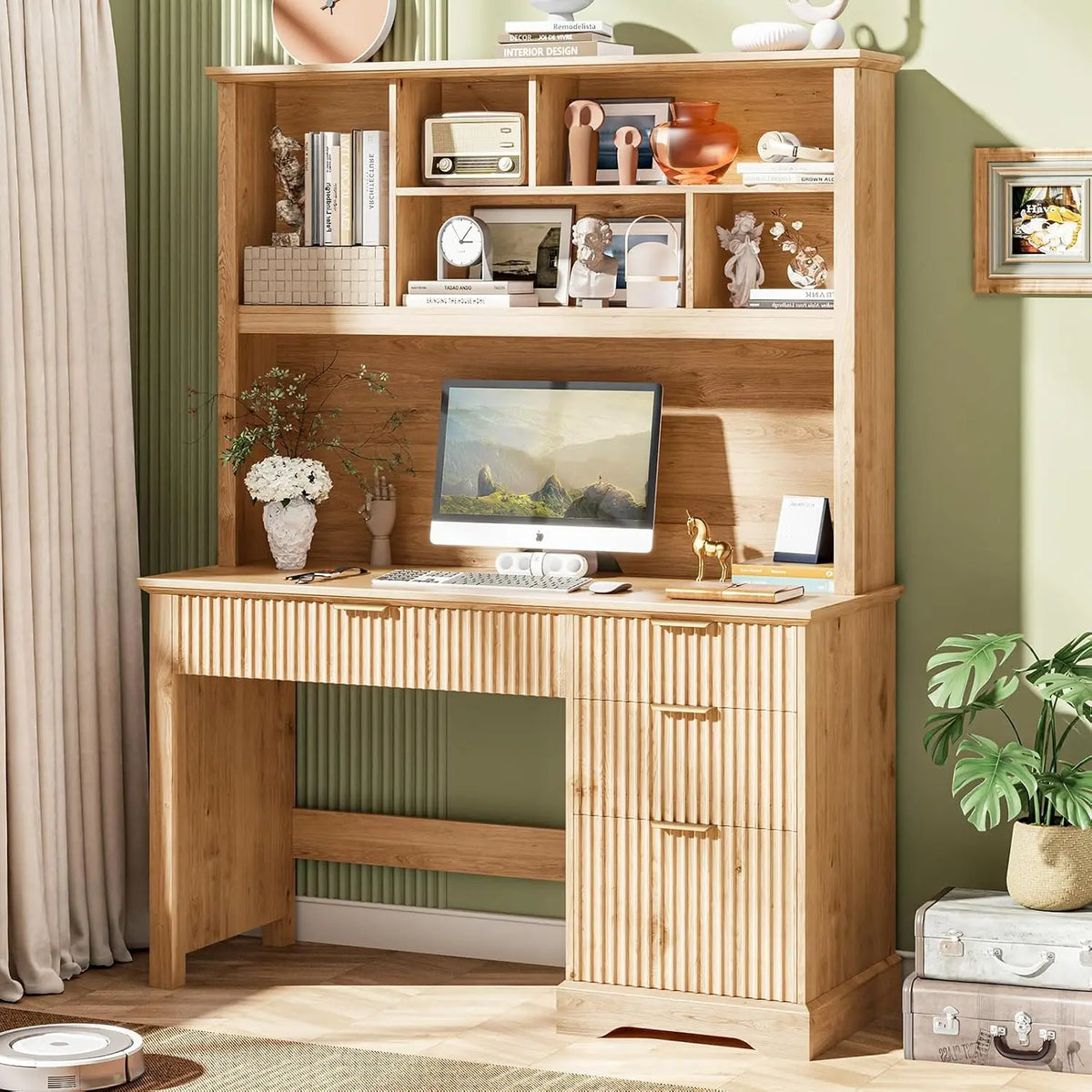 Fluted Computer Desk with Hutch Wood